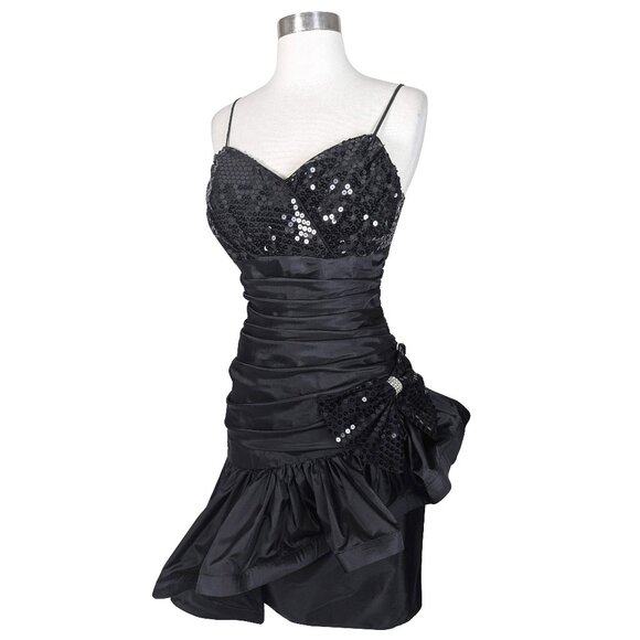 Vintage 80s Black Sequin Peplum Sheath Ruffle Prom Cocktail Party Dress M L